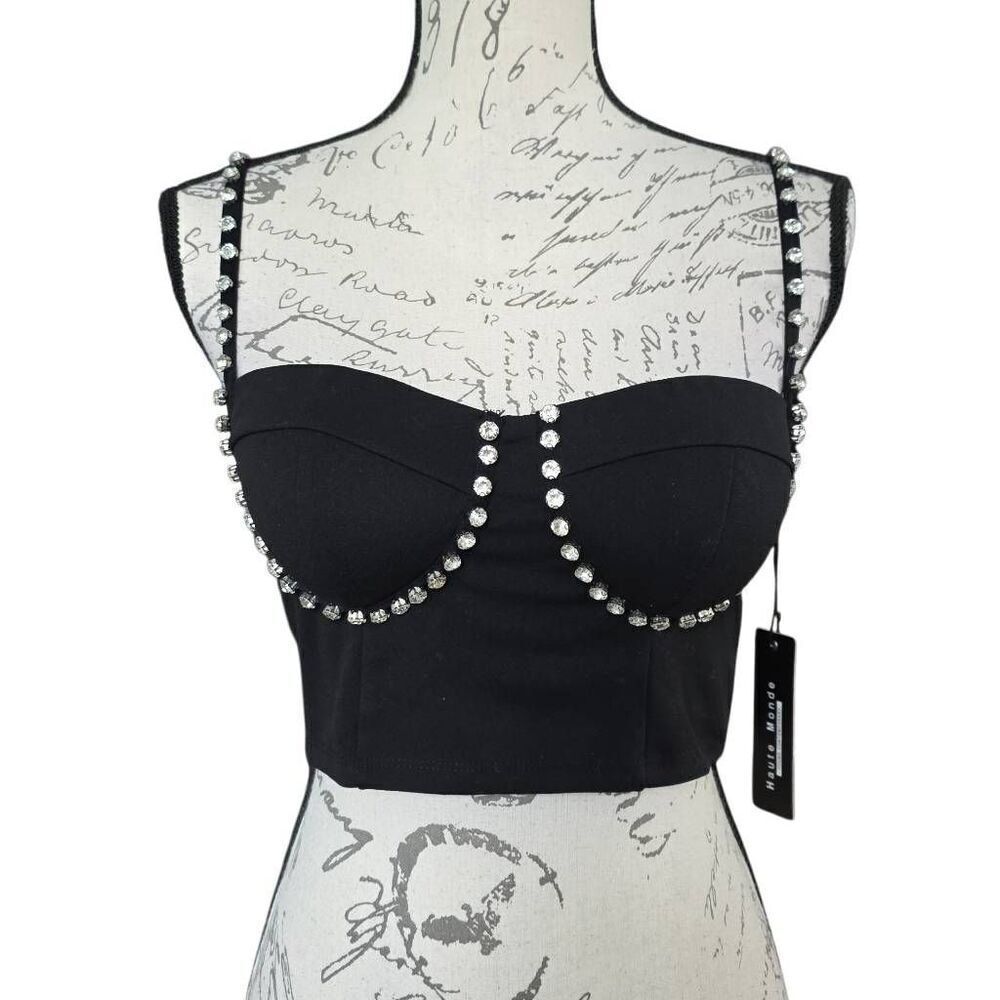 Haute Monde Women's Size Small Black Crop Top with Silver Rhinestones